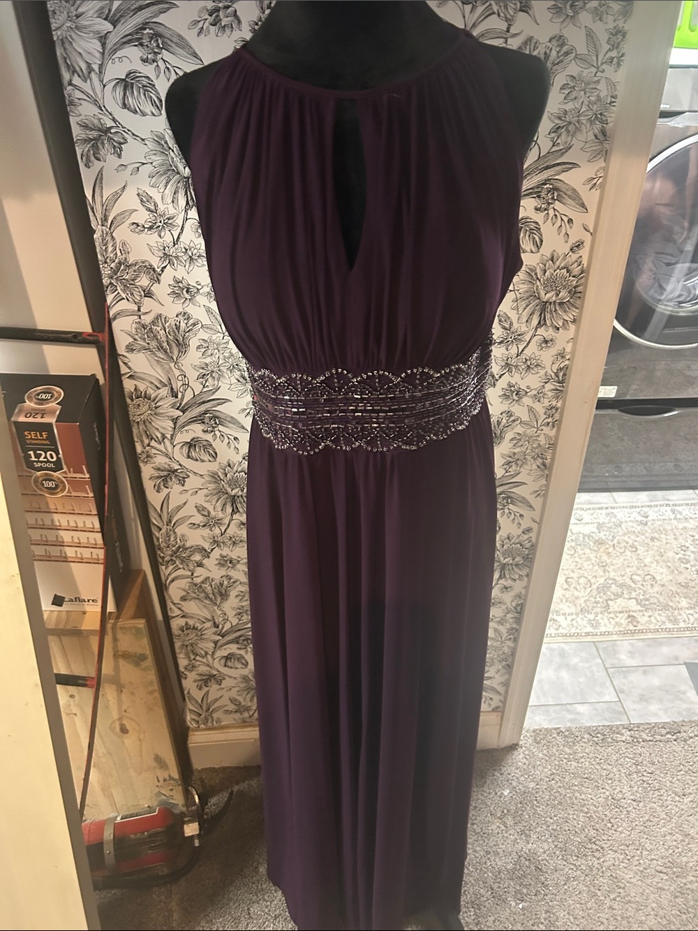 R&M Richards Plum Sleeveless Beaded Waist Maxi Dress